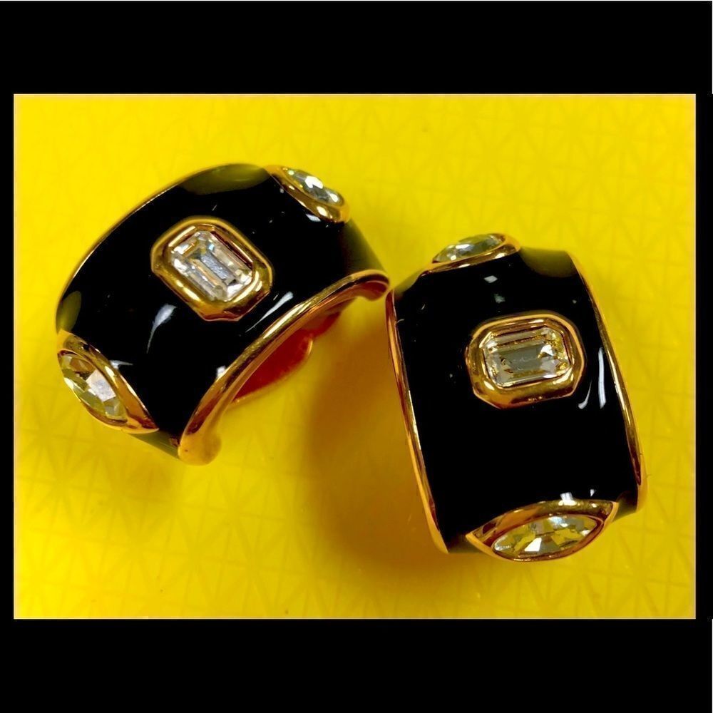 Vintage signed Swarovski Swan Clip-on Black Enamel & gemstone Earrings